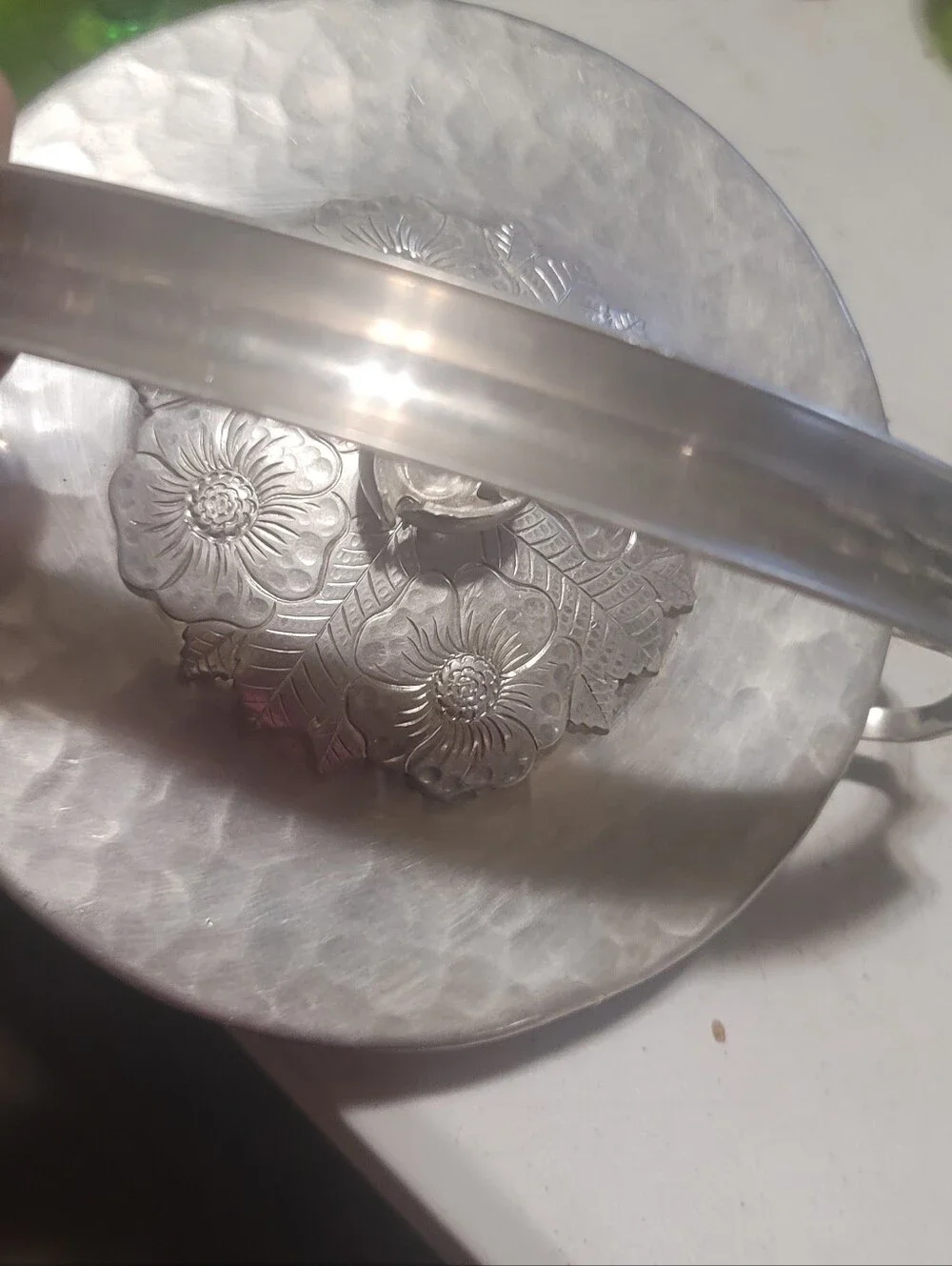 Vintage Wild Rose F1003 Hammered Aluminum Candy Dish w/ Bale Handle/ Bridal